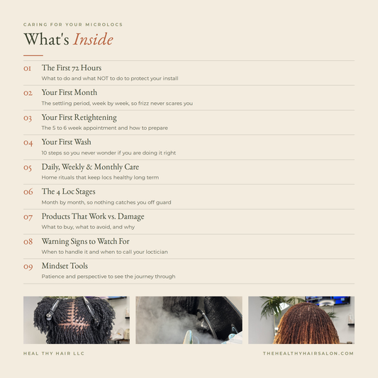 What is inside the guide: the first 72 hours, first month, first retightening, first wash, home care, the 4 loc stages, products, warning signs, mindset