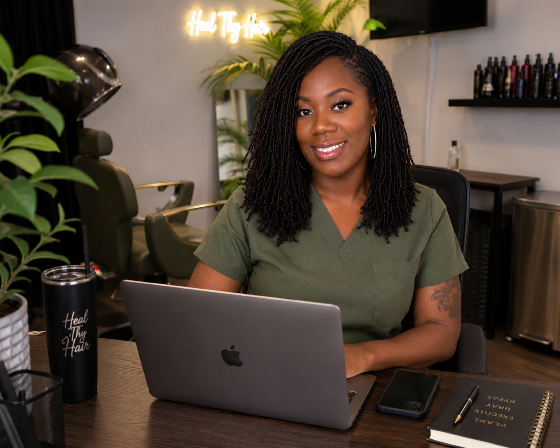 Heal Thy Hair founder working at her computer on online education