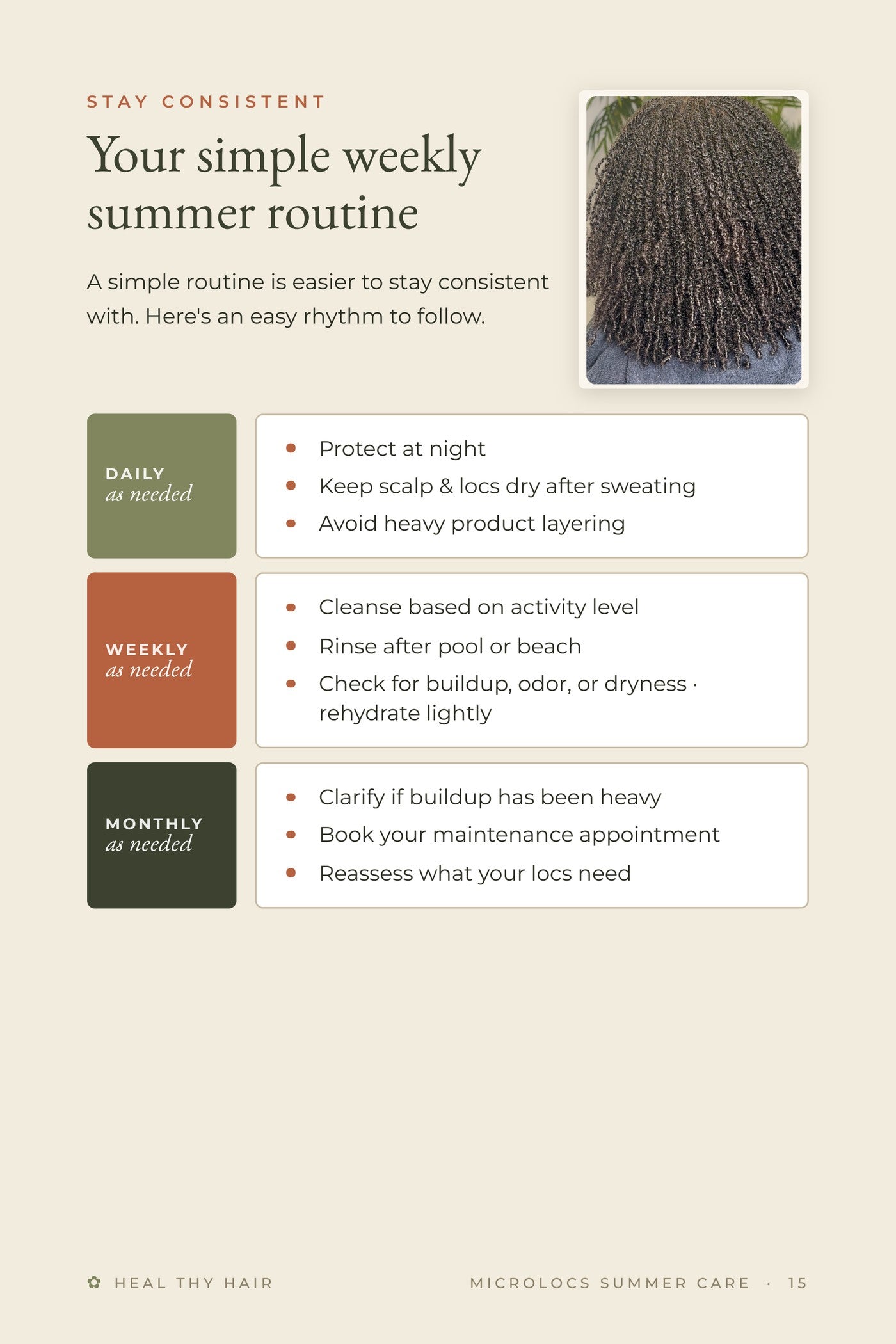 Inside preview of the Heal Thy Hair Microlocs Summer Care Guide, weekly summer routine
