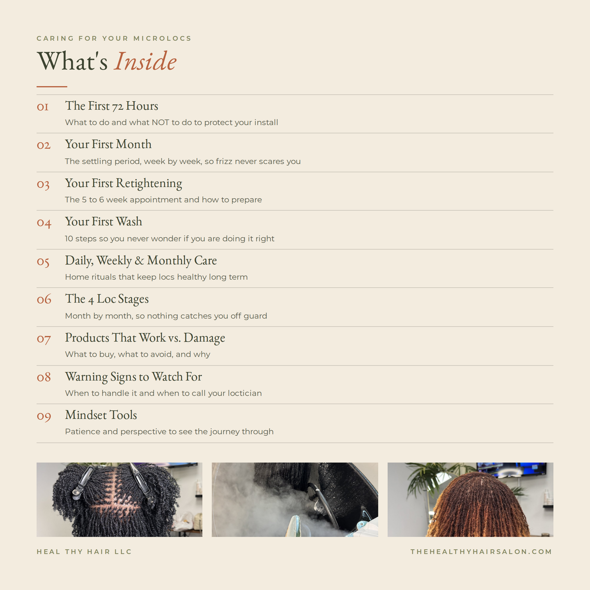 What is inside the guide: the first 72 hours, first month, first retightening, first wash, home care, the 4 loc stages, products, warning signs, mindset