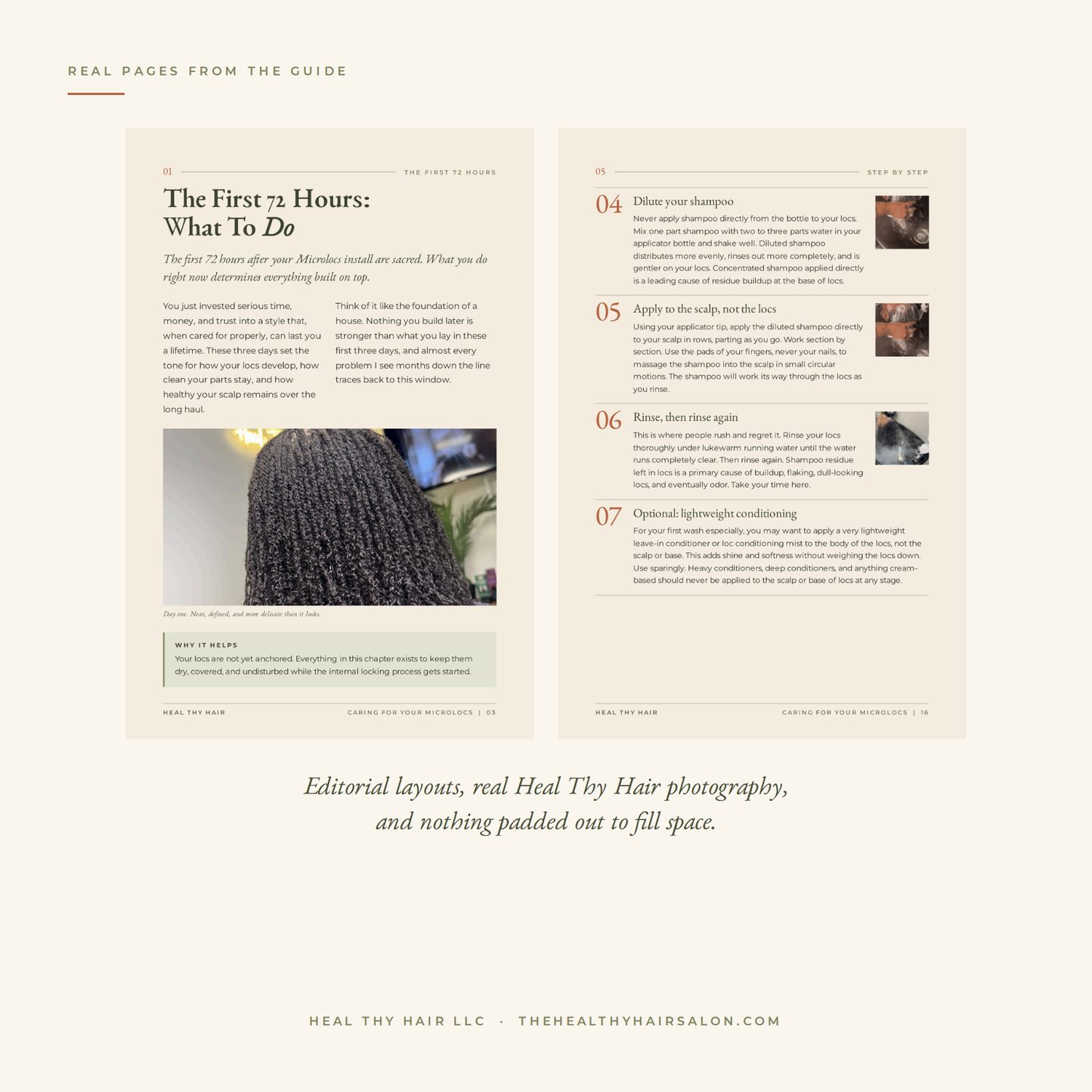 Real interior pages from the guide showing editorial layouts and Heal Thy Hair photography