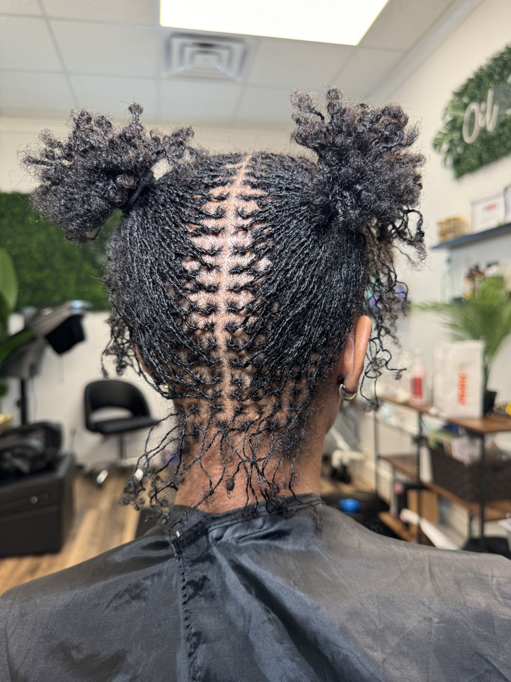 Microlocs styled in buns with a clean center part and visible grid