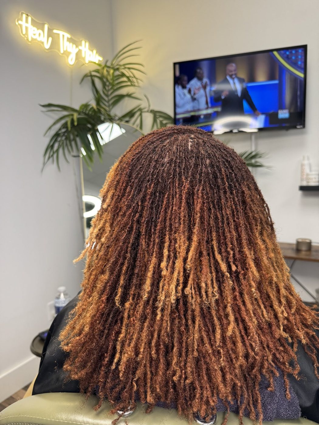 Long auburn ombre Microlocs with healthy length and color dimension