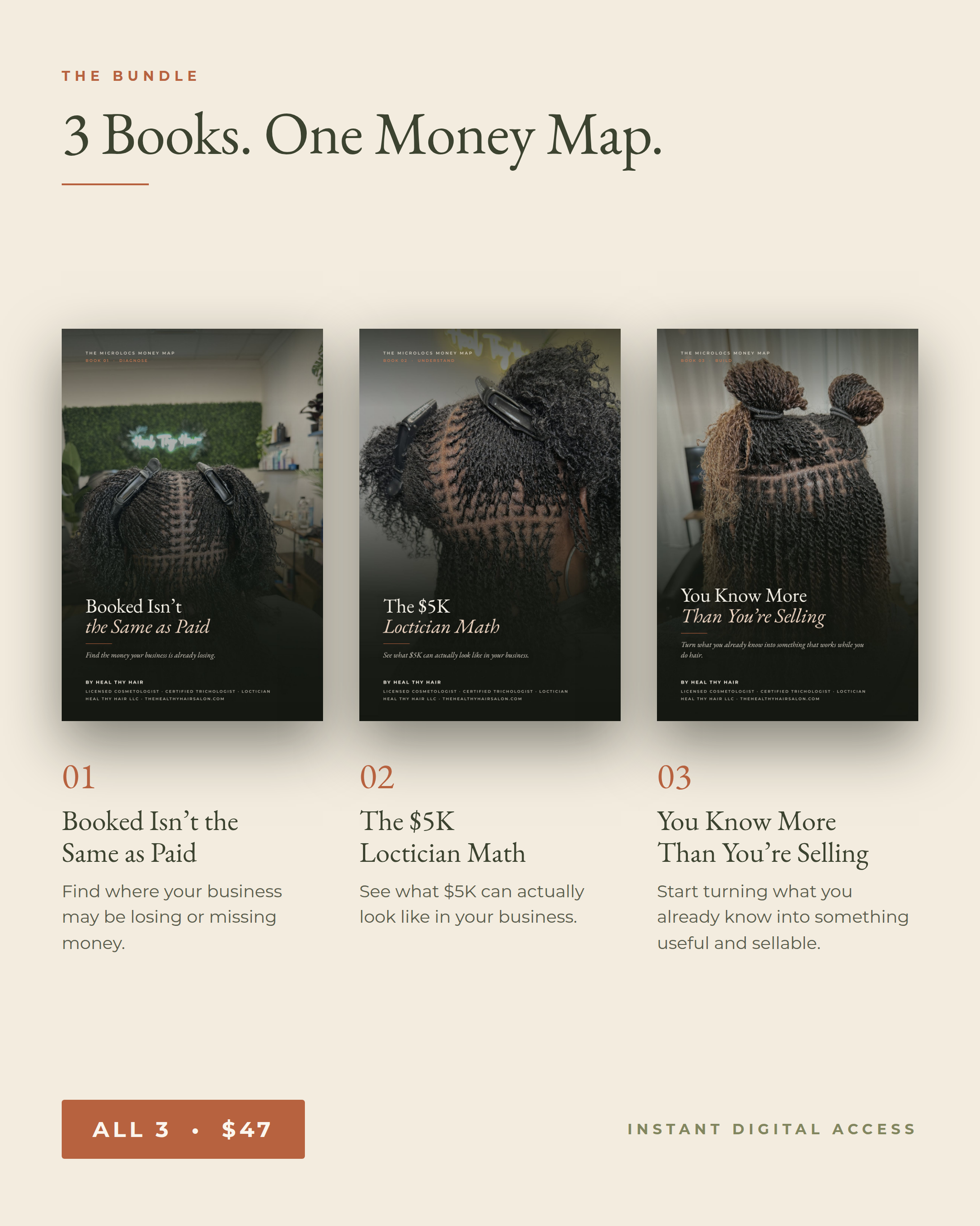Three books, one Money Map. Booked Isnt the Same as Paid, The 5K Loctician Math, You Know More Than Youre Selling.