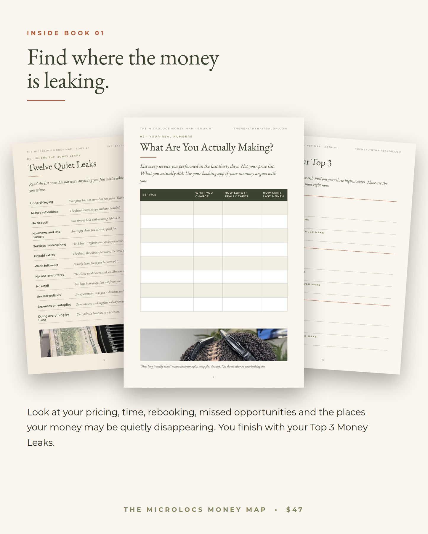Inside Book 01 - worksheet pages for finding where the money is leaking.