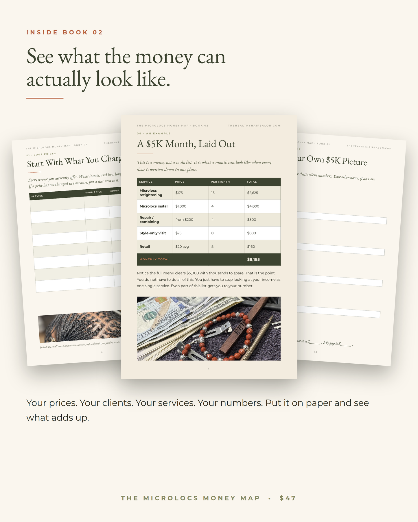 Inside Book 02 - pricing worksheets and a worked example month of loctician numbers.