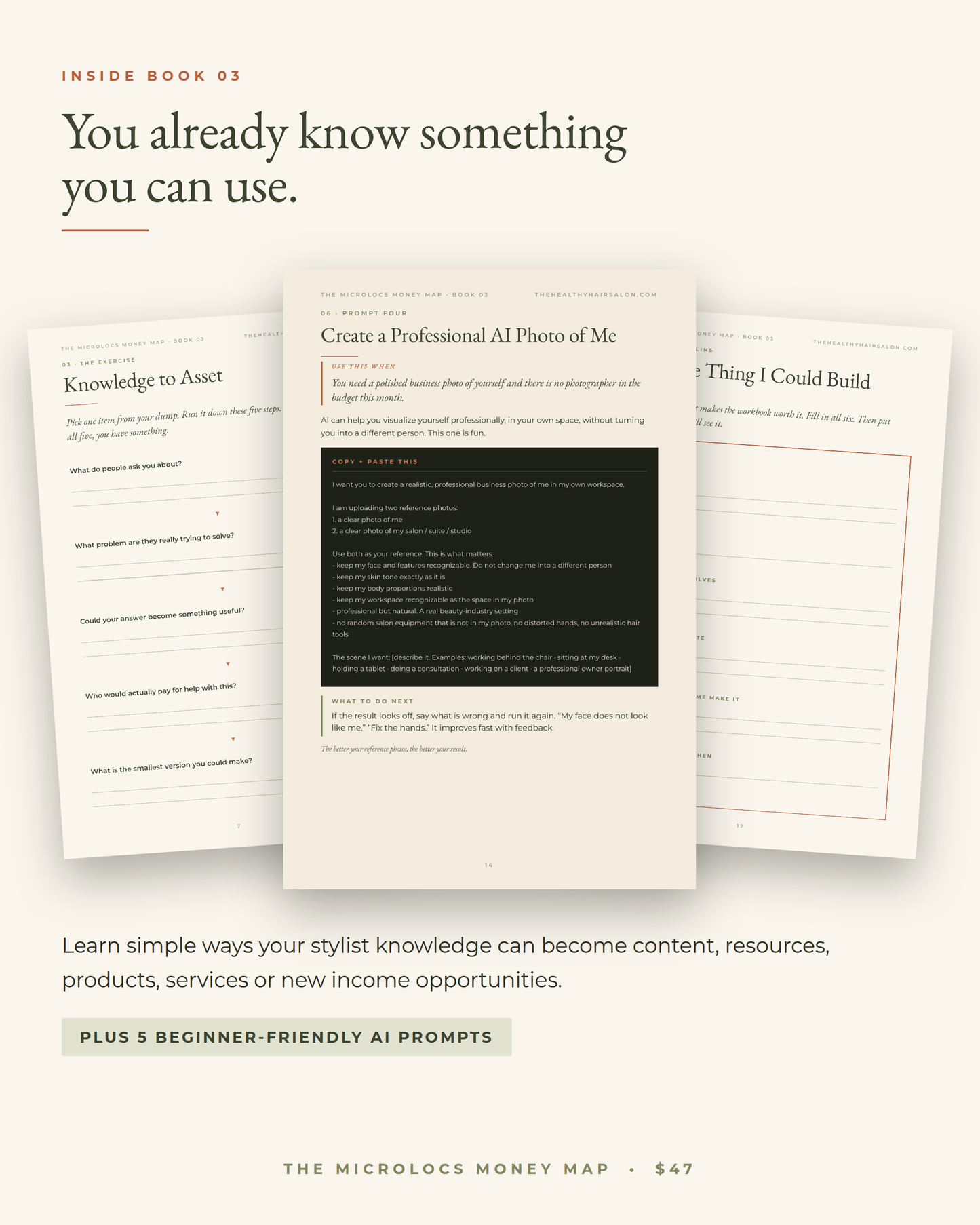 Inside Book 03 - knowledge to asset exercises and five beginner friendly AI prompts.